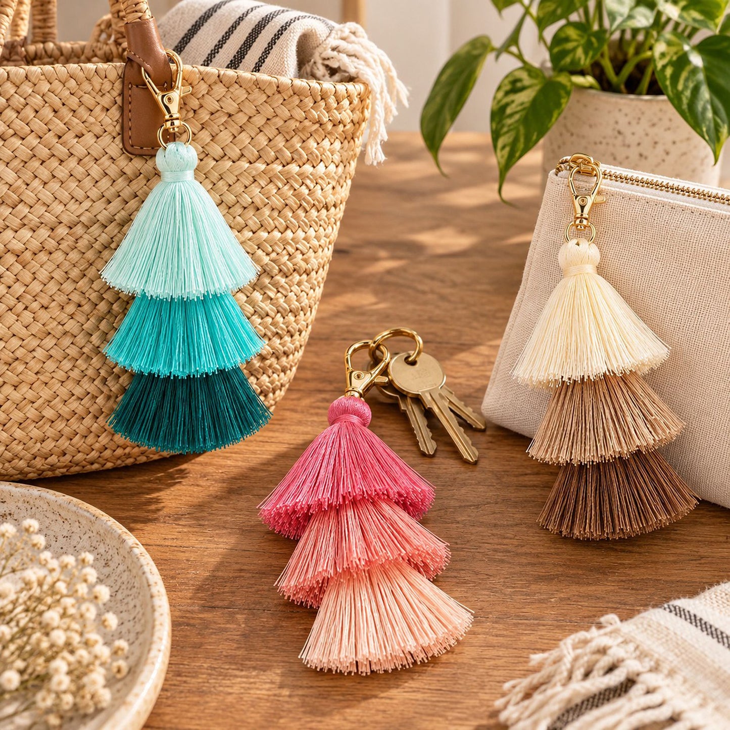 Multi-Layered Tassel Keychain Bohemian Bag Charm Assorted Set