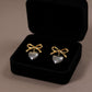Women's Bow Stud Earrings with Metallic Heart Dangle Charm and Polished Modern Cute Design