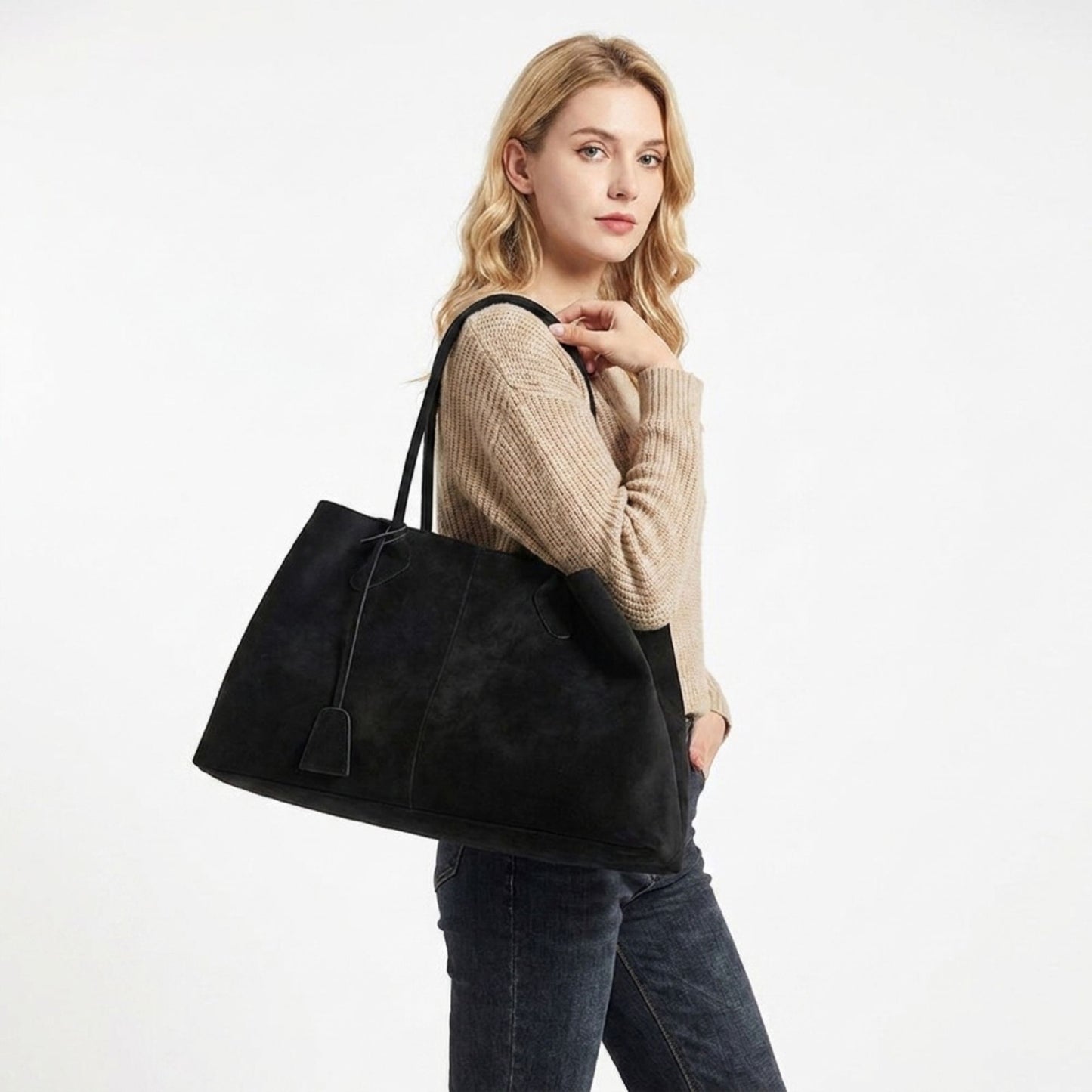 Faux Suede Shoulder Tote Bag Large Capacity Handbag with Magnetic Closure
