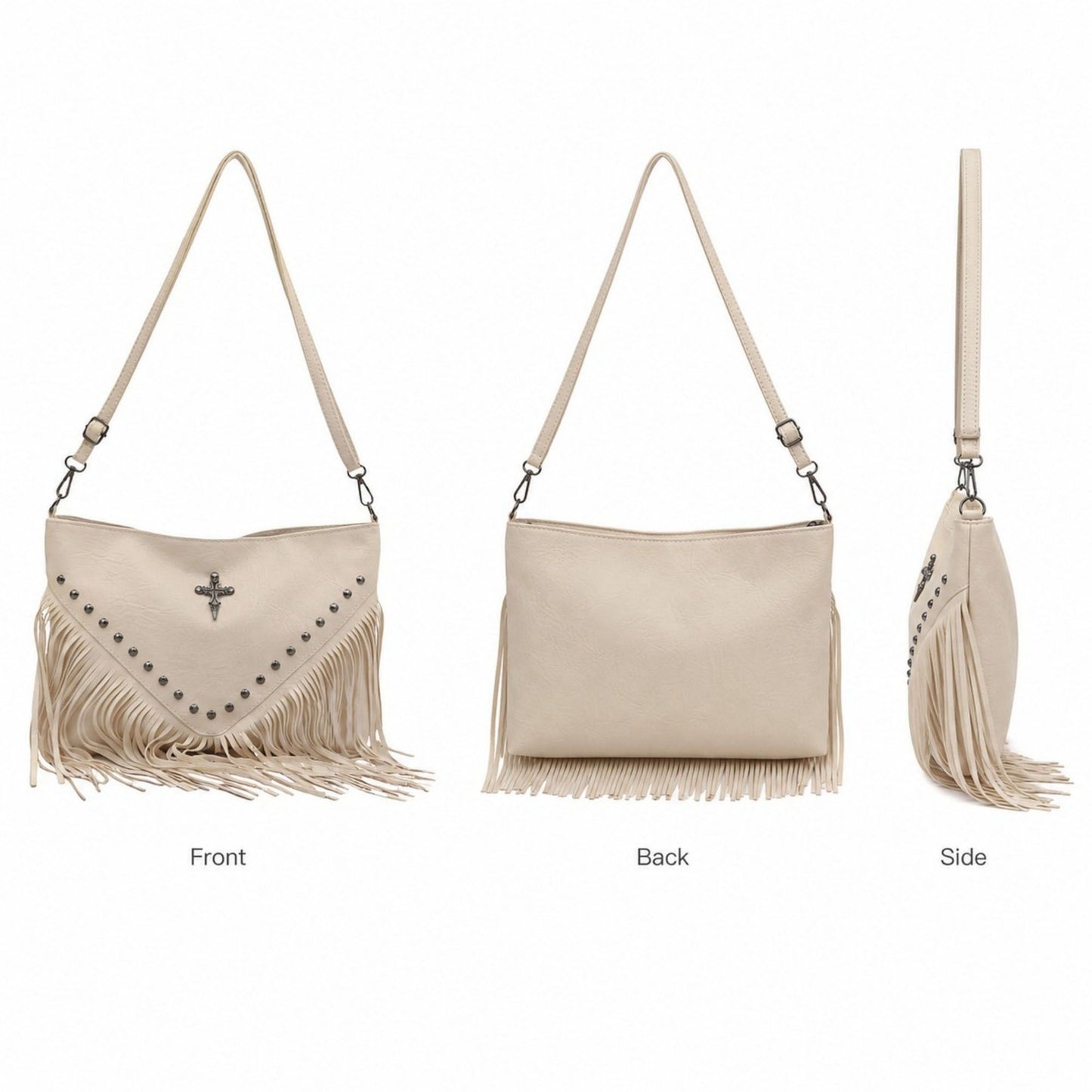 Studded Fringe Shoulder Bag with Adjustable Strap and Zip Closure