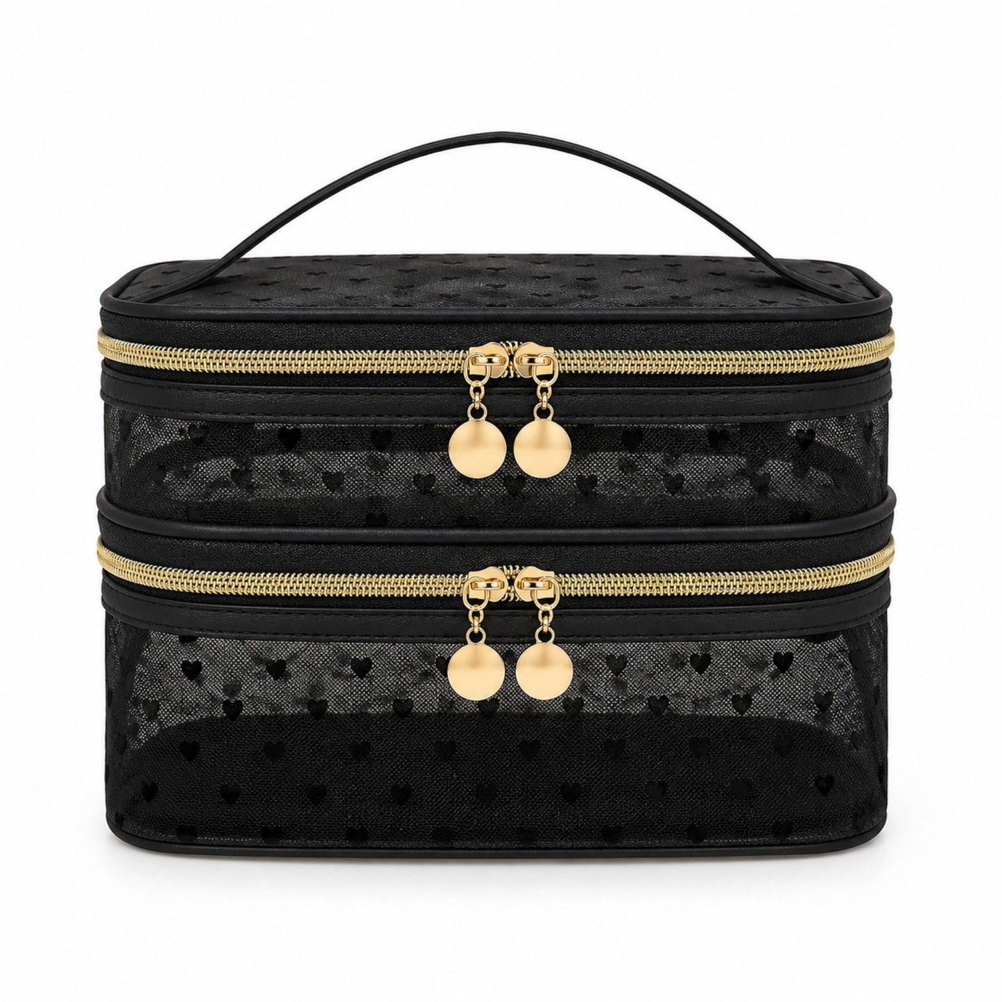 Two-Tier Cosmetic Organizer Bag with Heart Print Mesh Panels Gold Zippers and Carry Handle