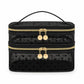 Two-Tier Cosmetic Organizer Bag with Heart Print Mesh Panels Gold Zippers and Carry Handle