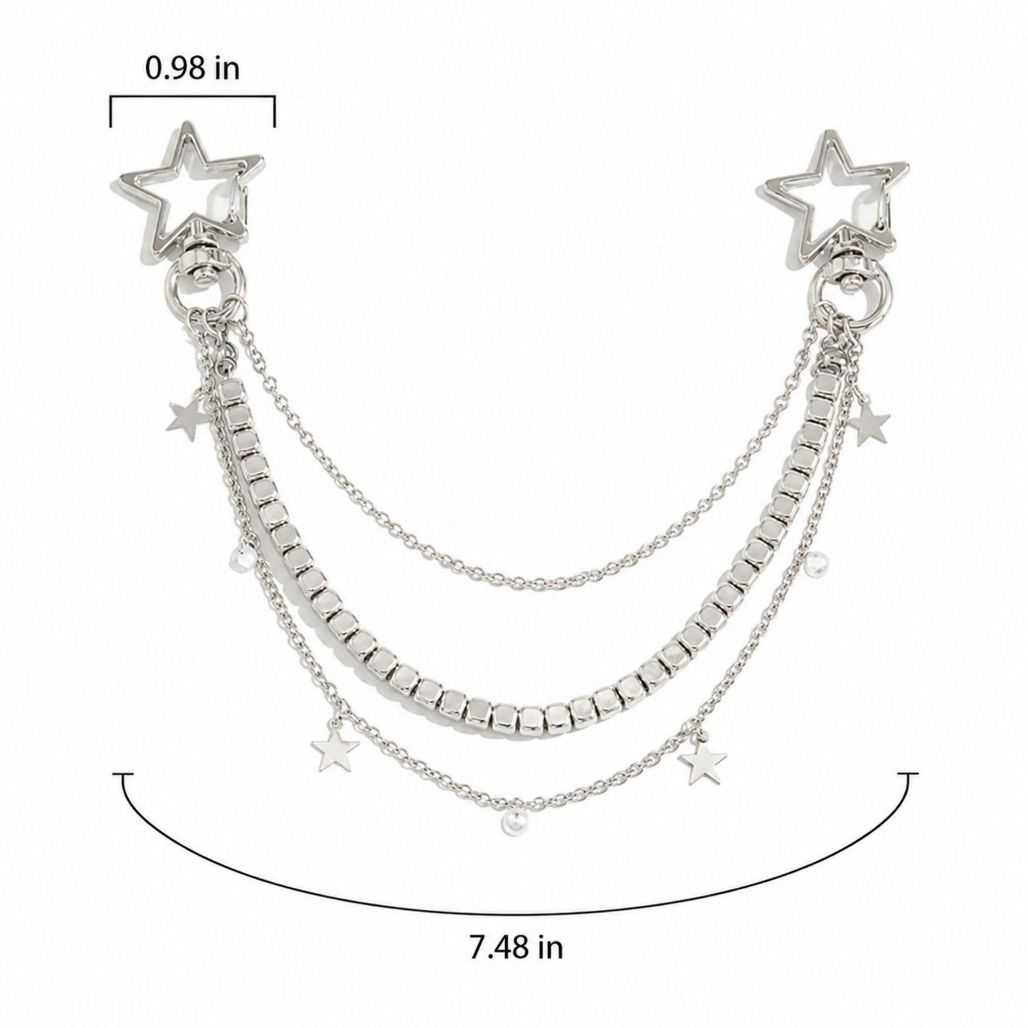 Star Chain Bag Charm with Layered Silver Tone Chains Dual Clips for Jeans Bags and Keys