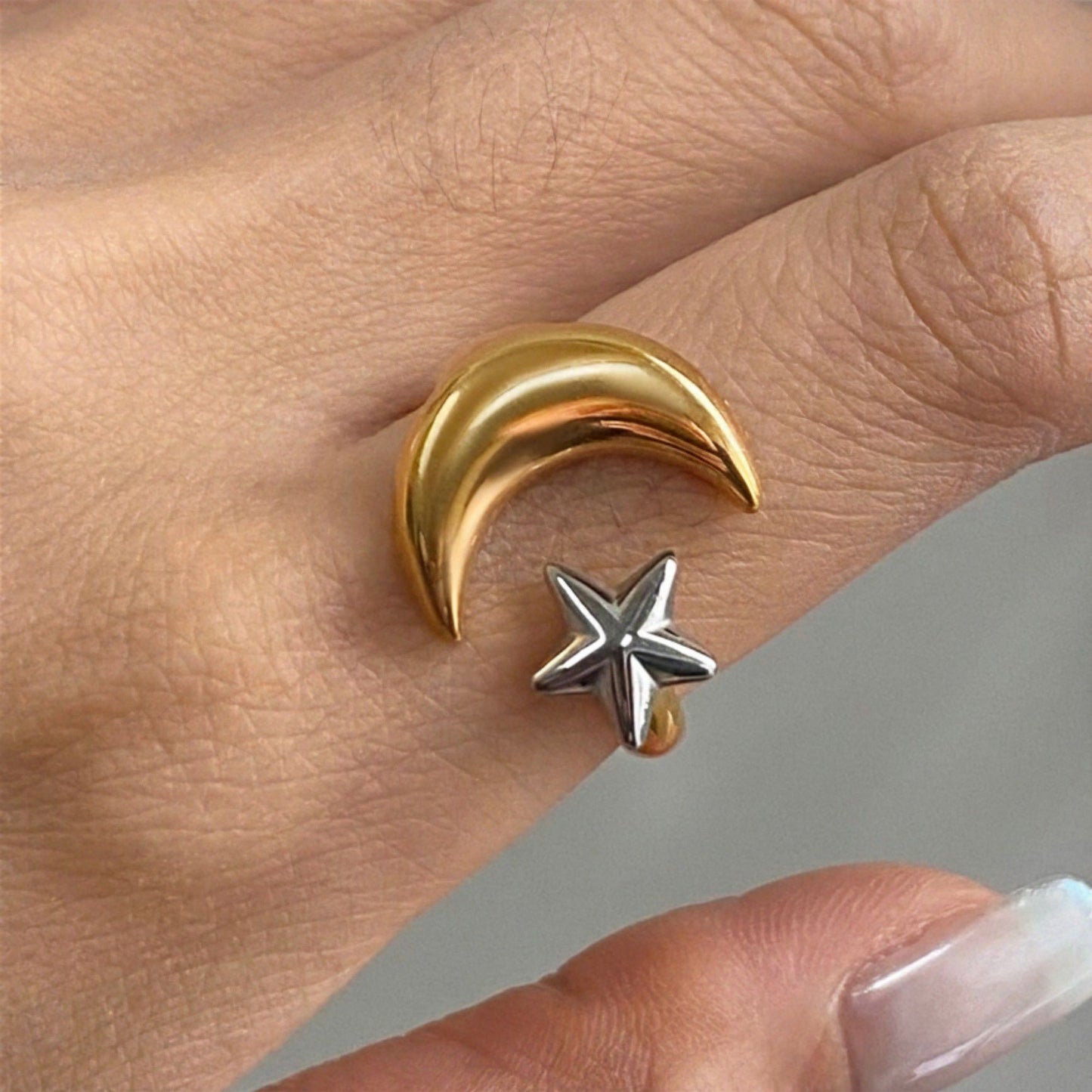 Moon and Star Adjustable Mixed Metal Statement Ring