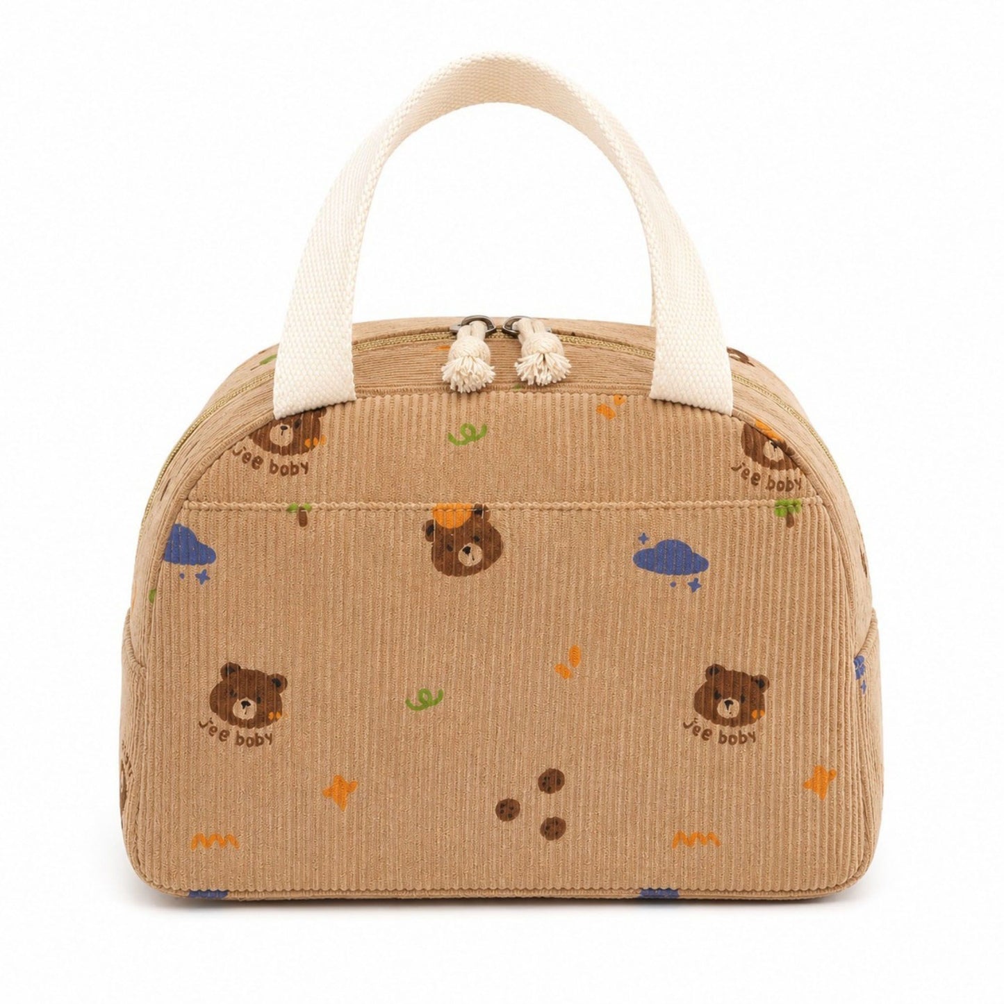 Heart Print Corduroy Insulated Lunch Bag with Handles and Zip Closure
