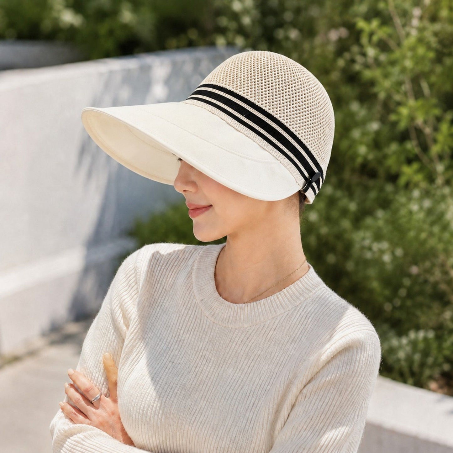 Woven Wide Brim Visor Hat with Striped Band Mesh Crown Adjustable Back Strap