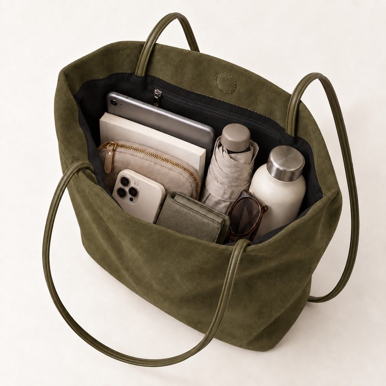 Faux Suede Tote Bag with Double Shoulder Handles Magnetic Closure and Interior Pockets