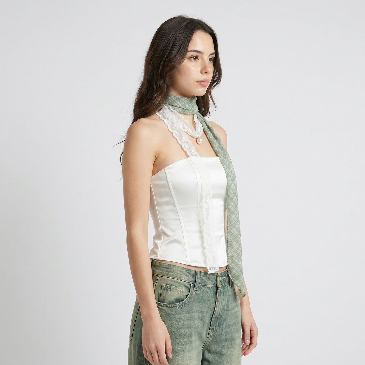 Sheer Skinny Scarf with Lace Trim Faux Pearl Accent and Long Neck Tie Design