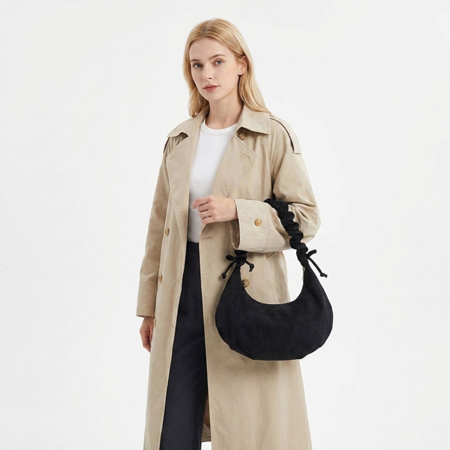 Faux Suede Hobo Shoulder Bag Ruched Strap Zipper Closure Everyday Purse