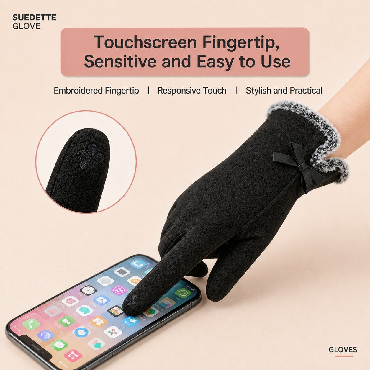 Bow Detail Fleece Lined Touchscreen Winter Gloves