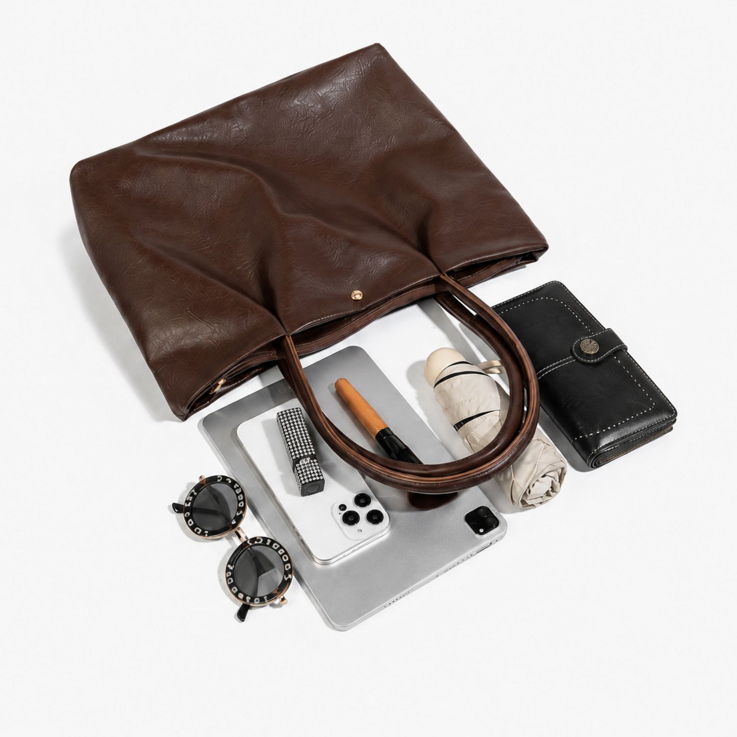 Large Capacity Pleated Faux Leather Shoulder Tote Bag for Work