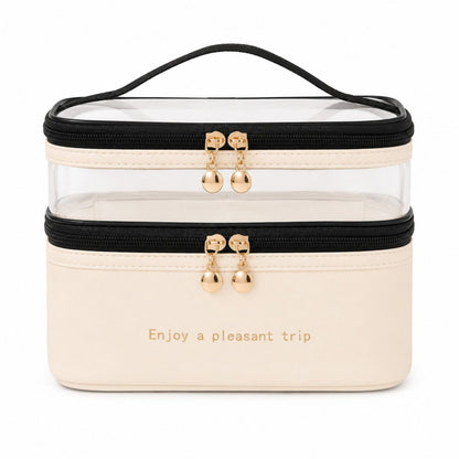 Two-Tier Clear Travel Makeup Bag with Handle for Toiletries and Beauty Storage