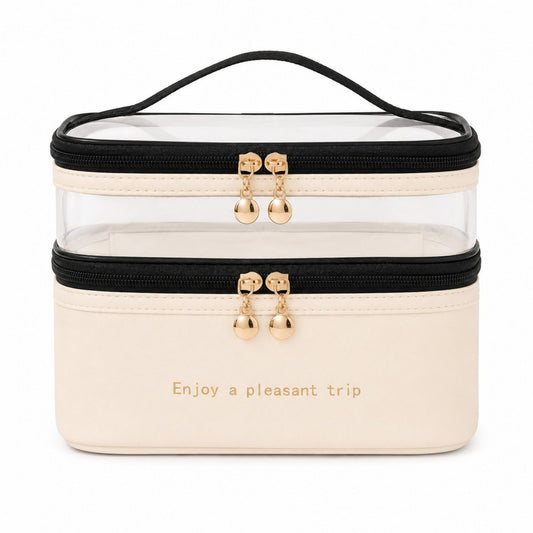 Two-Tier Clear Travel Makeup Bag with Handle for Toiletries and Beauty Storage