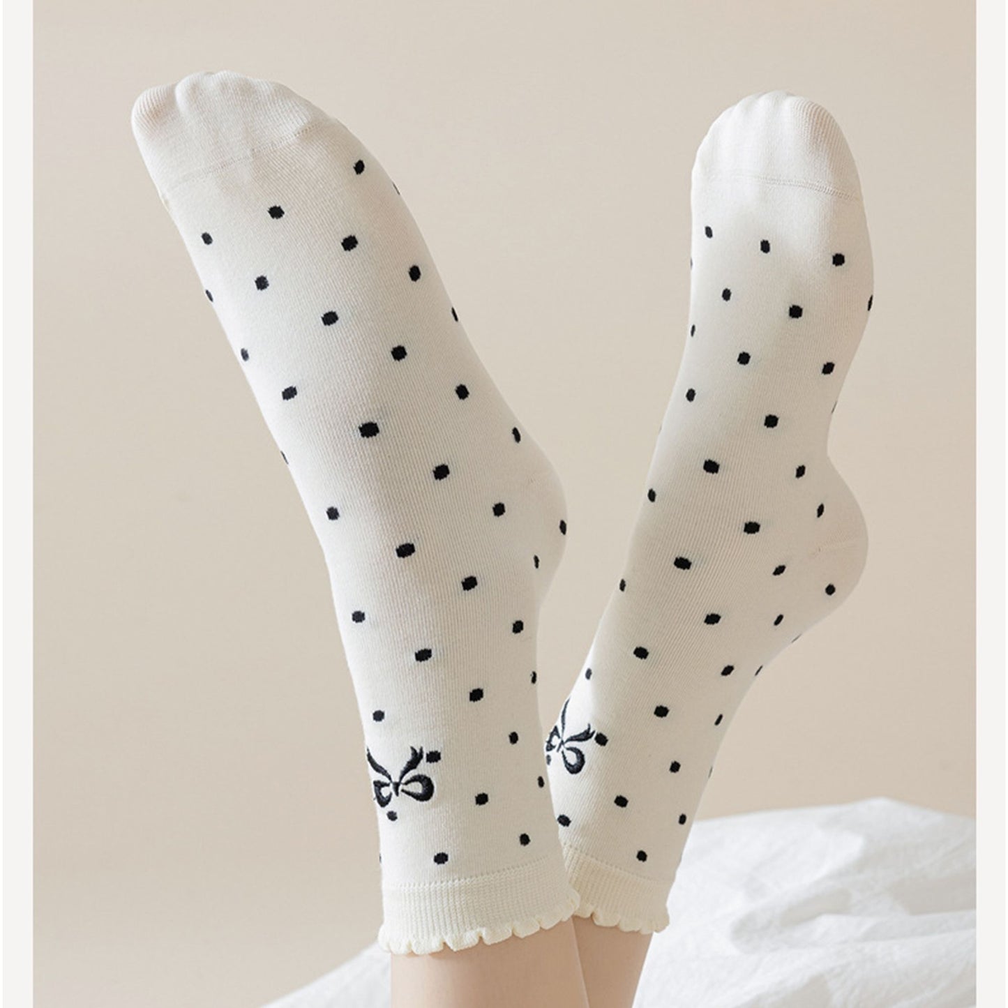 3-Pair Soft Polka Dot Socks with Bow Embroidery and Ruffled Cuff Design