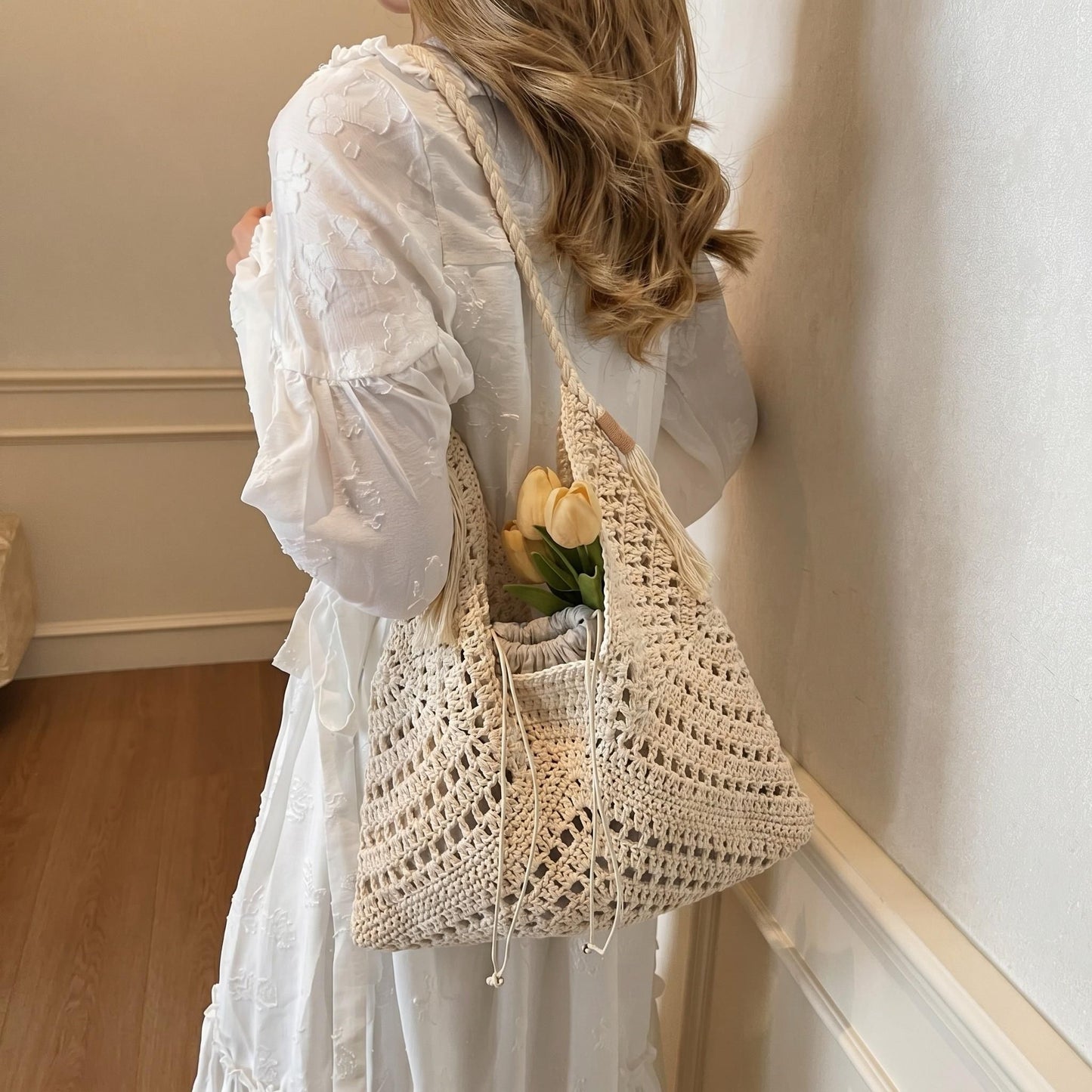 Woven Crochet Hobo Shoulder Bag with Tassel Detail Soft Knit Slouchy Tote Drawstring Style
