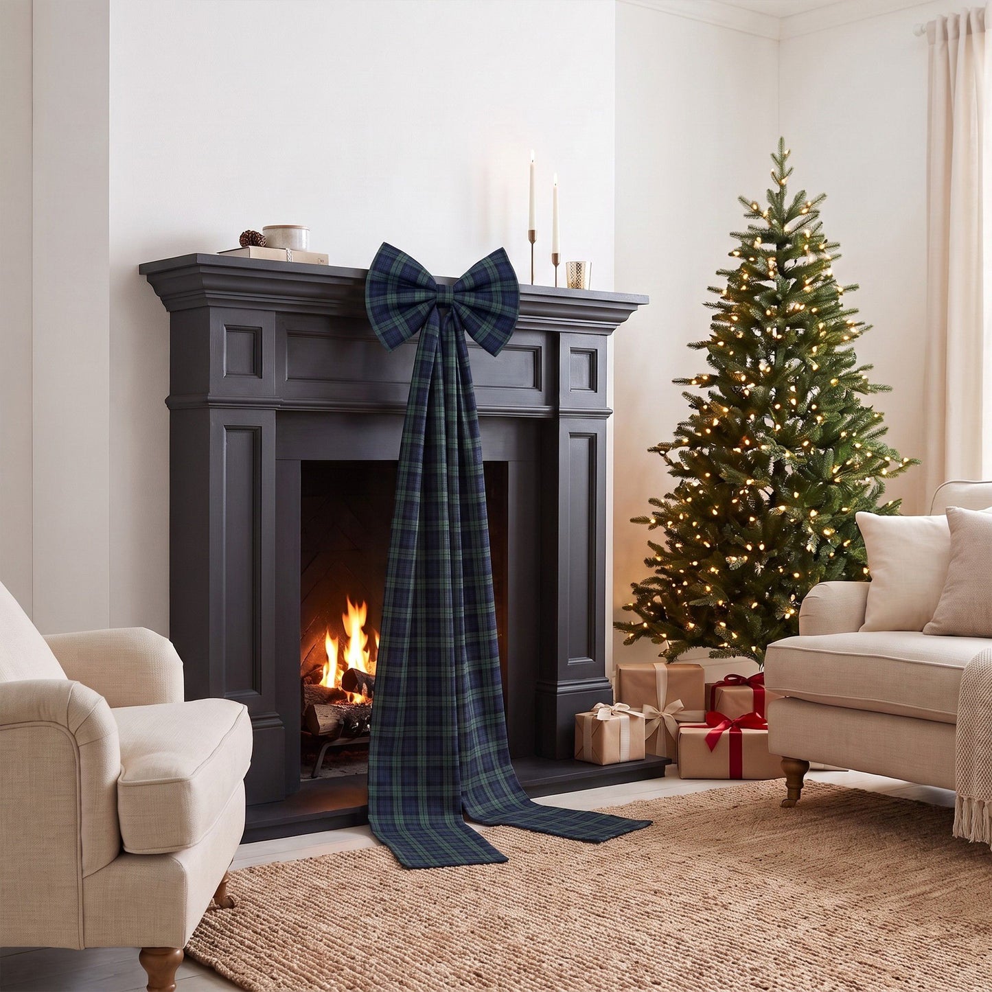 Large Plaid Christmas Bow with Long Ribbon Tails