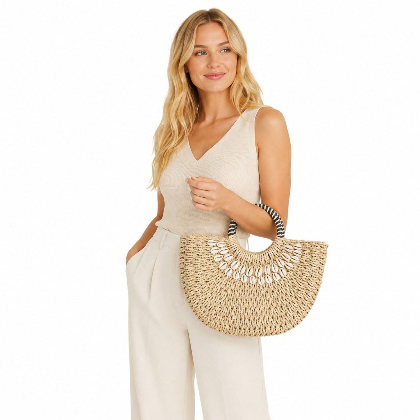 Straw Woven Shell Handbag with Round Handle