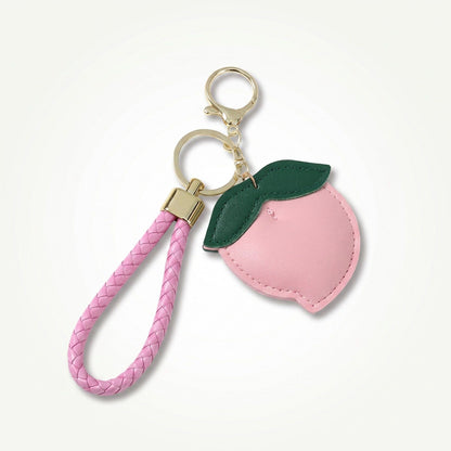 Peach Bag Charm with Braided Leather Loop and Gold Tone Hardware