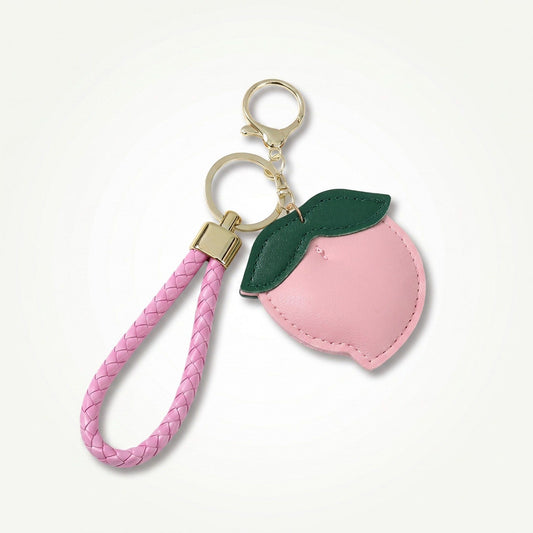 Peach Bag Charm with Braided Leather Loop and Gold Tone Hardware