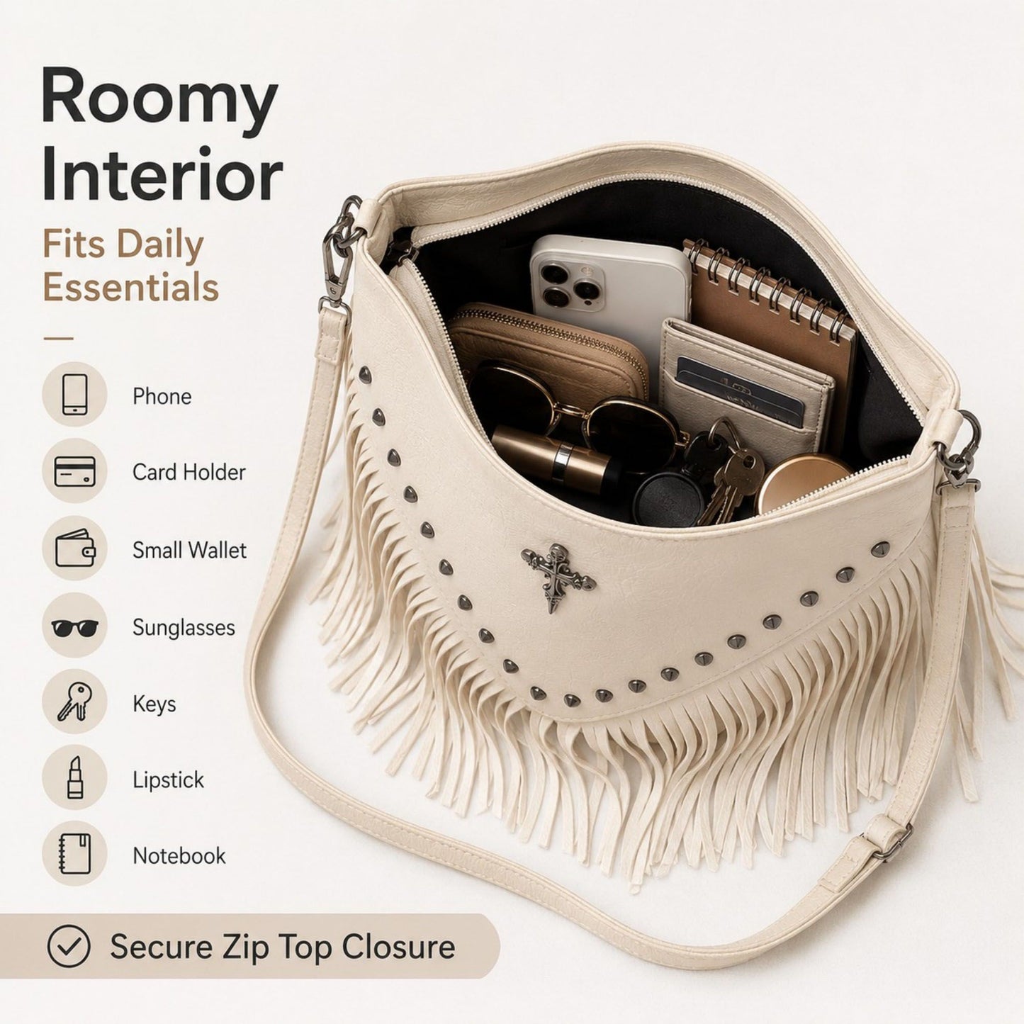 Studded Fringe Shoulder Bag with Adjustable Strap and Zip Closure