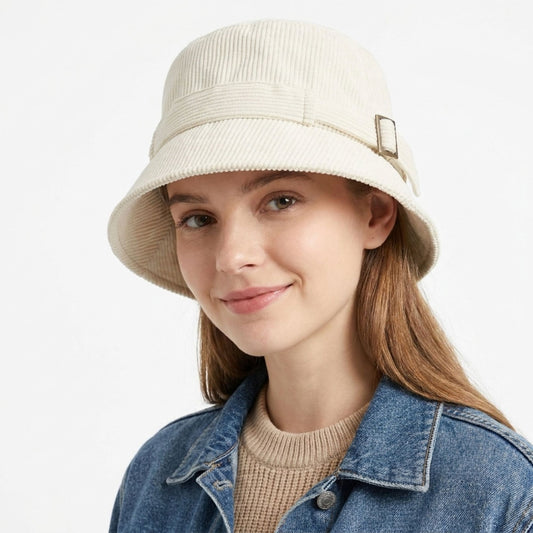 Corduroy Bucket Hat Buckle Band Detail Casual Brim Hat