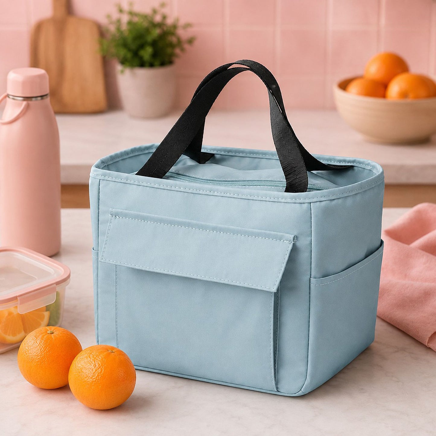 Insulated Lunch Tote with Front Pocket and Top Handles