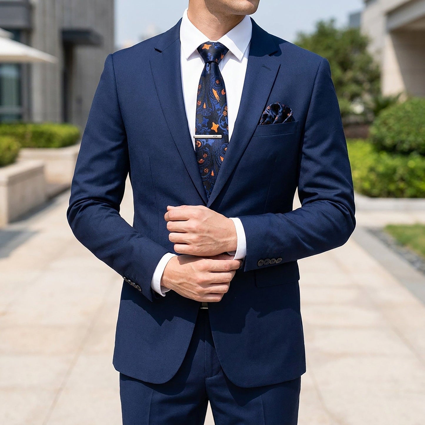 Men's Floral Pattern Tie Gift Set with Matching Pocket Square Cufflinks and Silver Tie Clip