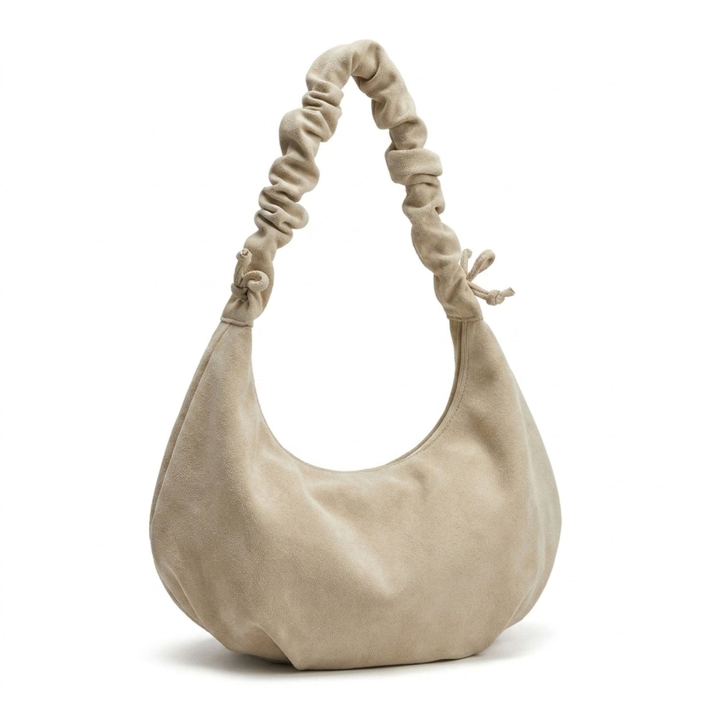 Faux Suede Hobo Shoulder Bag Ruched Strap Zipper Closure Everyday Purse