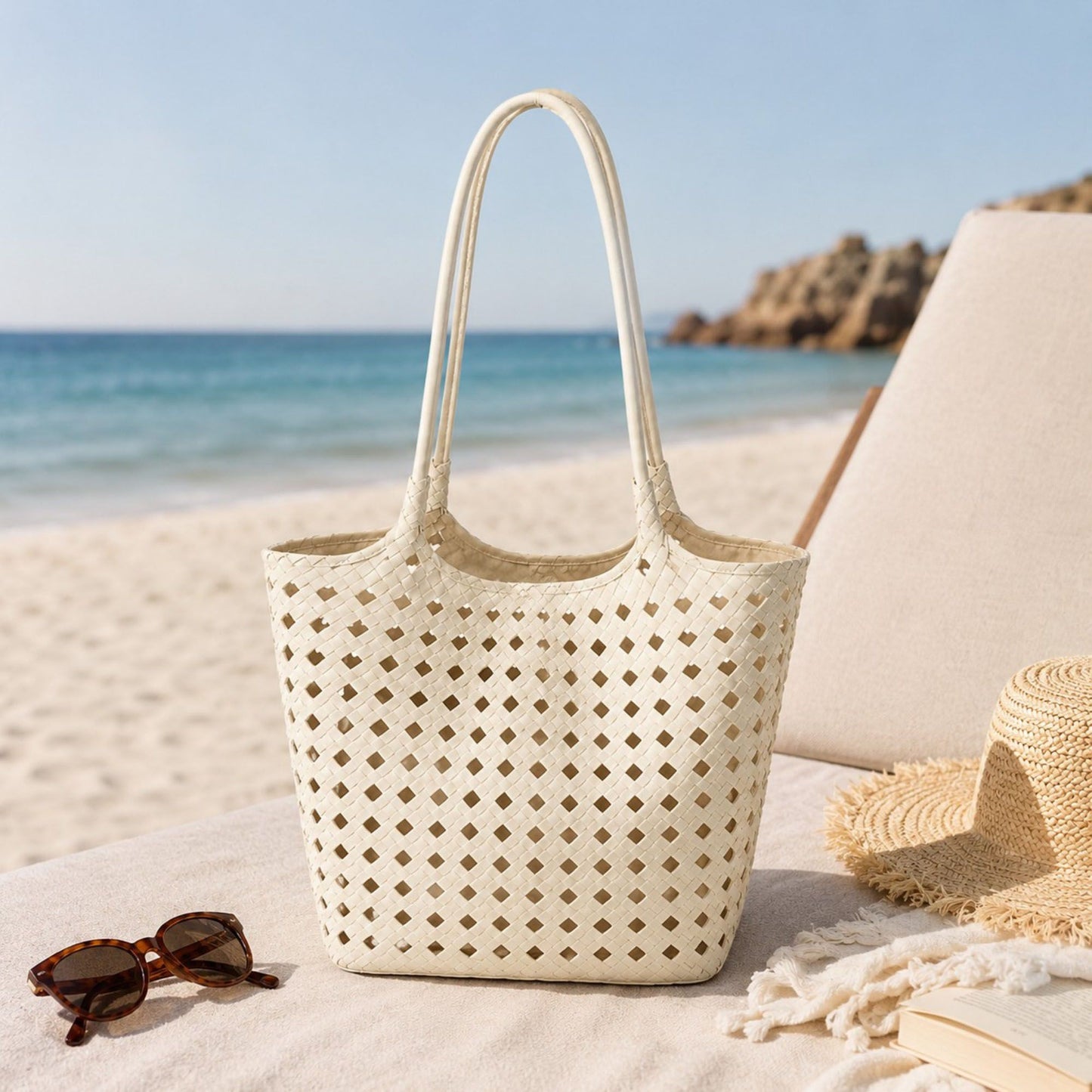 Woven Shoulder Bag with Cutout Design Soft Faux Leather Feel Tote and Inner Pouch