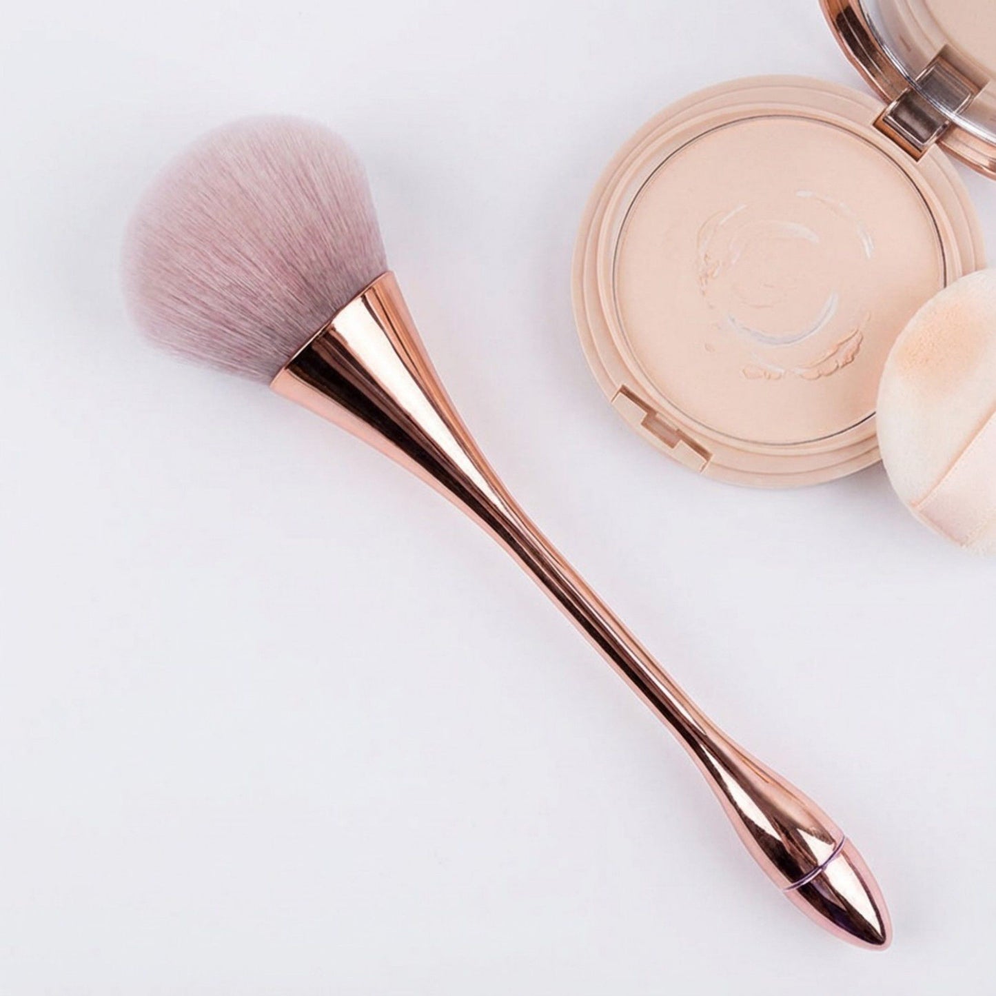2 Piece Powder Makeup Brush Set with Soft Synthetic Bristles and Metallic Handle for Face Makeup
