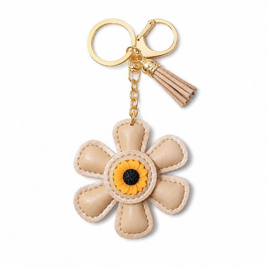 Faux Leather Sunflower Bag Charm Keychain Beige Floral Purse Accessory with Tassel