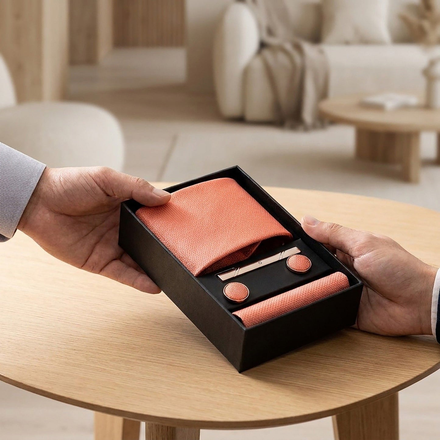 Men's Textured Solid Color Tie Gift Set with Matching Pocket Square Cufflinks and Silver Tie Clip
