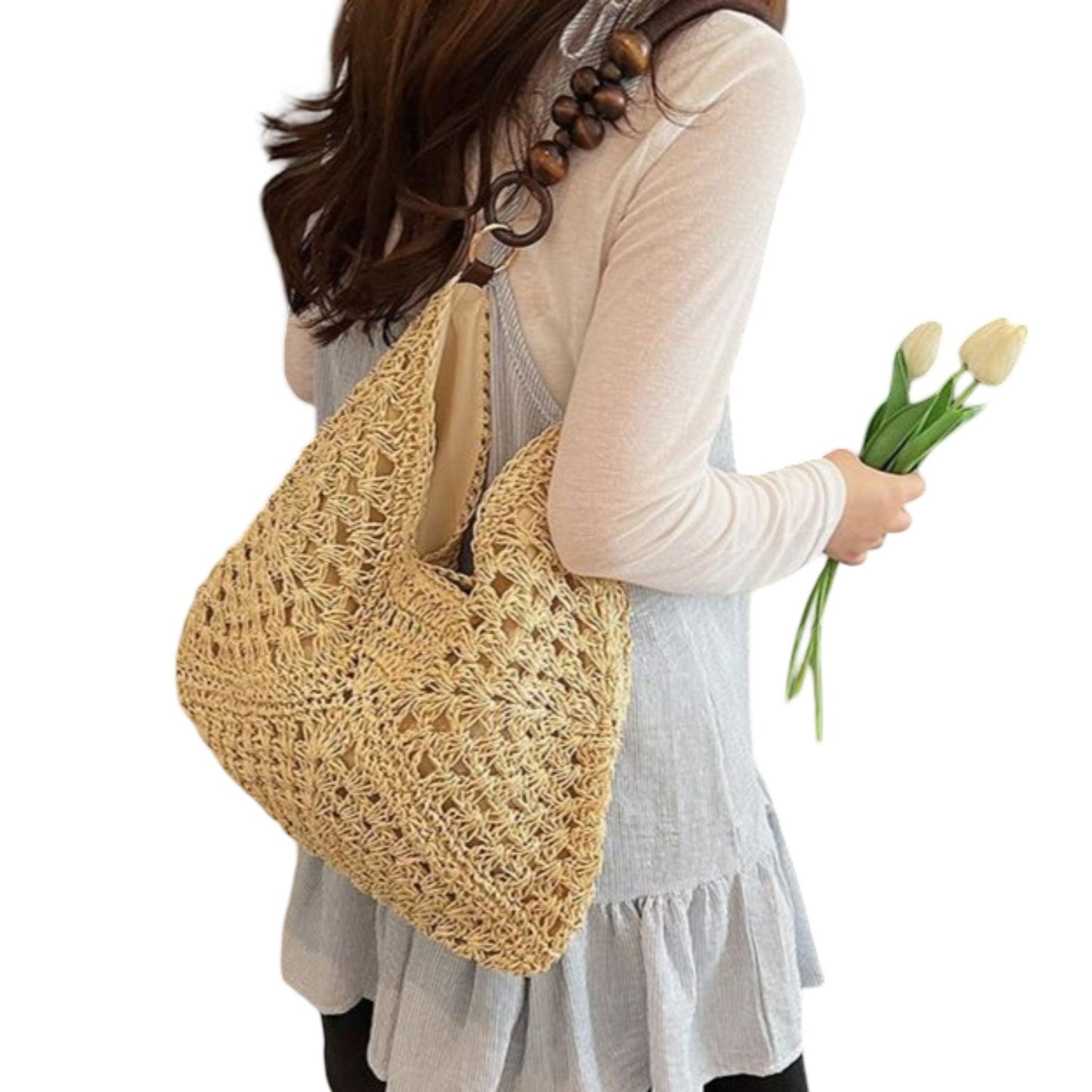 Woven Straw Hobo Bag with Wooden Handle Bead Accents and Spacious Interior