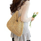 Woven Straw Hobo Bag with Wooden Handle Bead Accents and Spacious Interior
