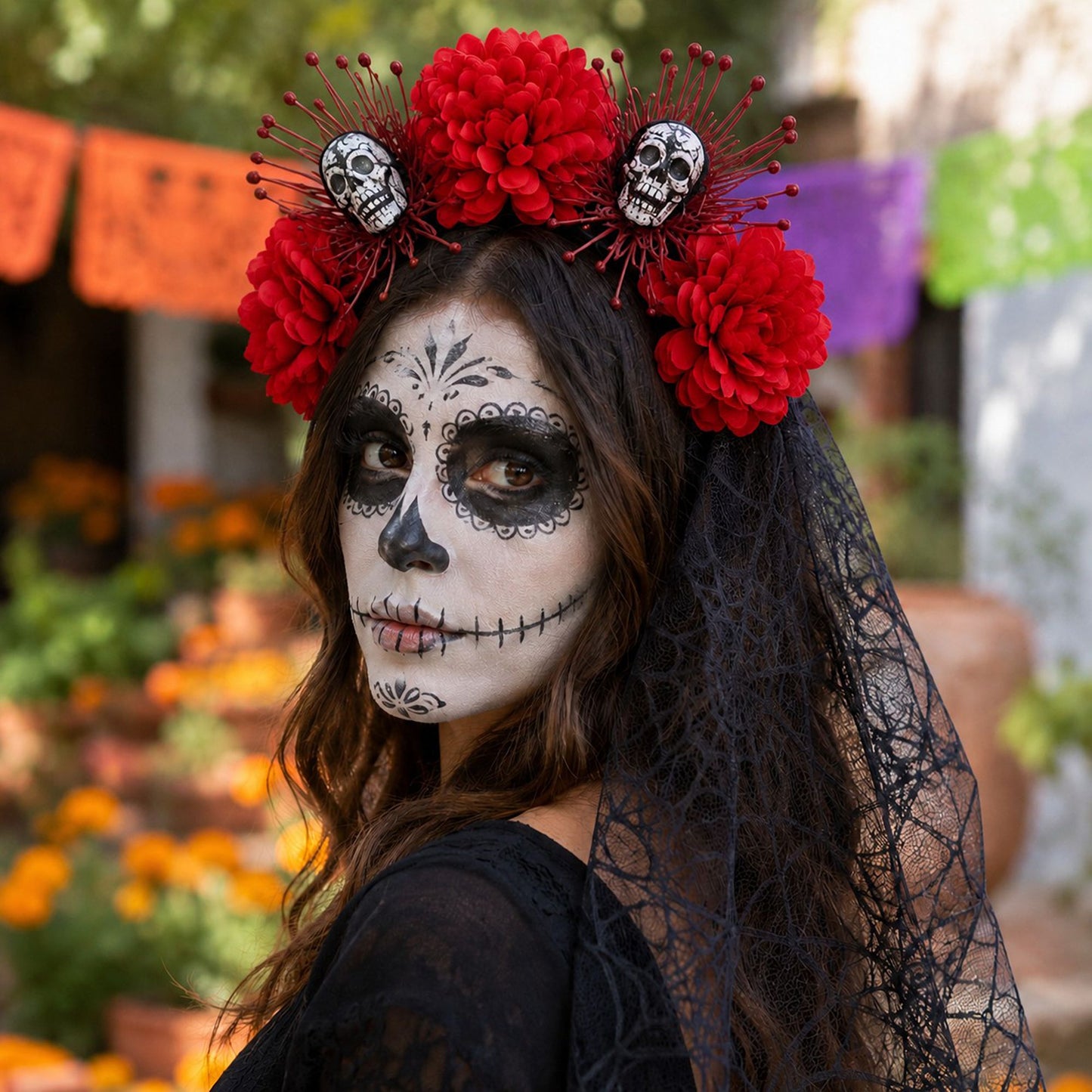 Halloween Floral Skull Headband with Spiderweb Lace Veil