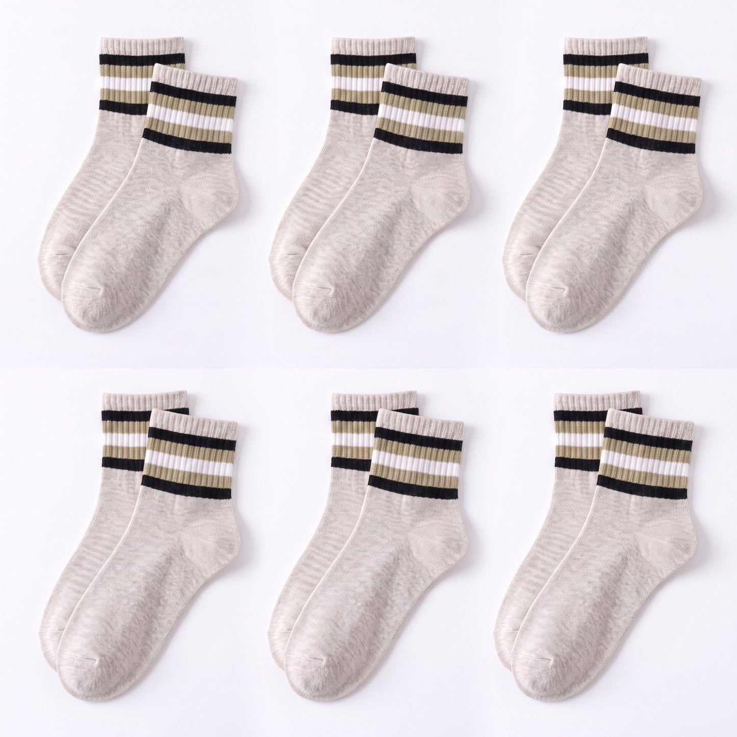 6 Pair Striped Crew Socks with Ribbed Cuffs