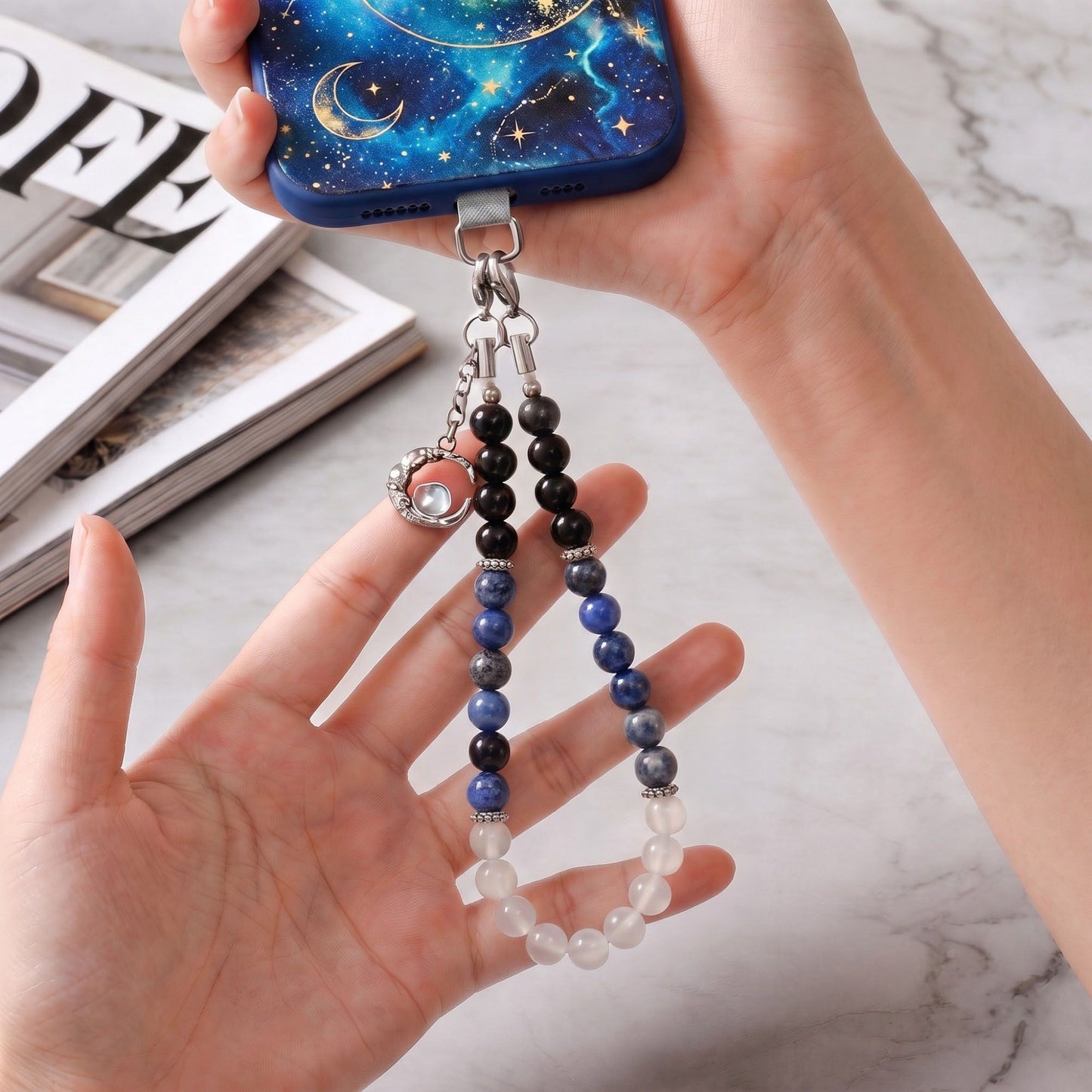 Beaded Phone Wrist Strap with Crescent Moon Charm