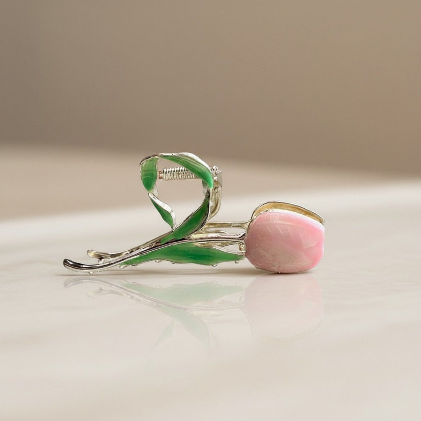 Tulip Flower Metal Hair Claw Clip with Enamel Petal and Leaf Detailing