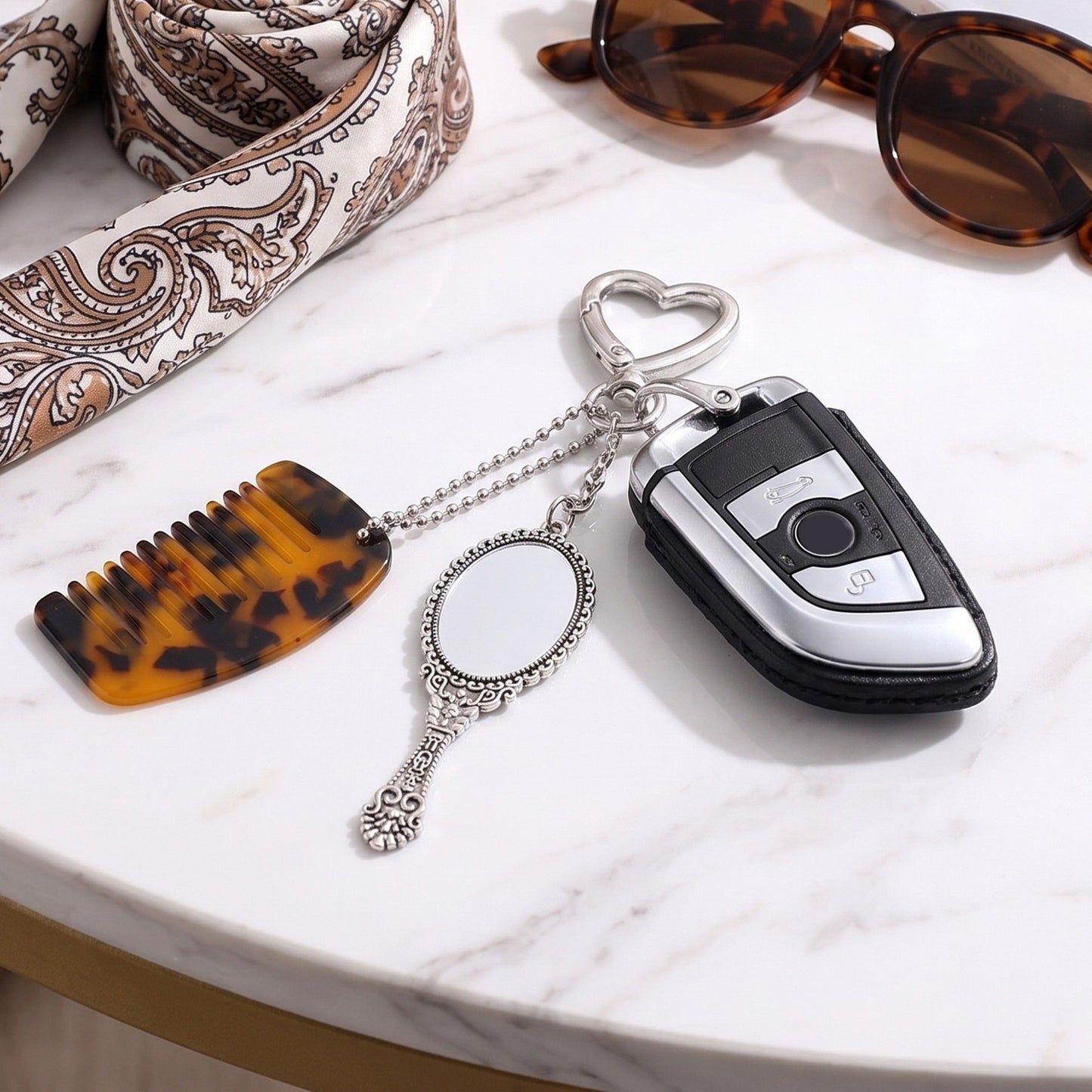 Mirror and Mini Comb Keychain Bag Charm with Heart Clip