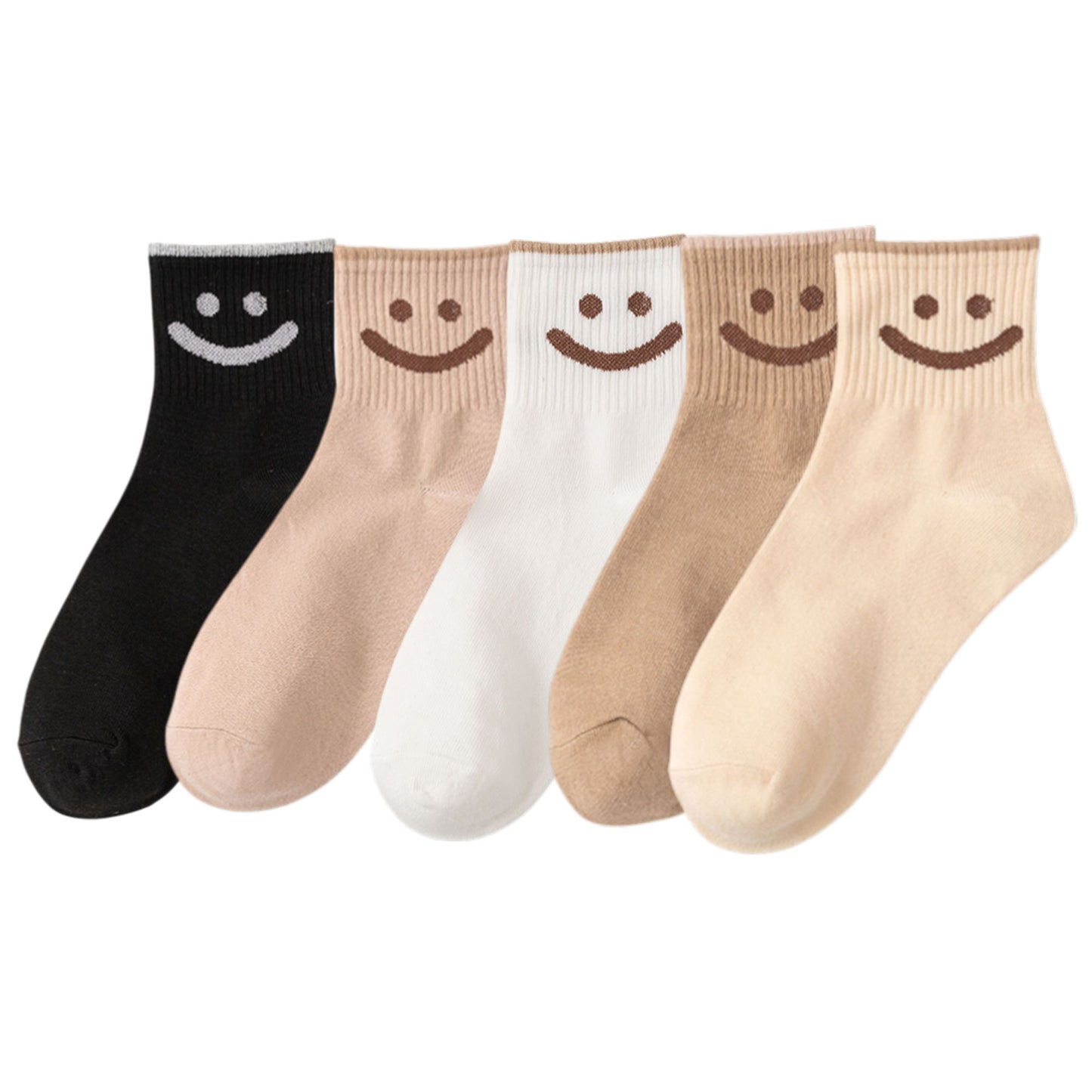 5 Pairs Women's Ankle Socks with Smiley Face Design Soft Cotton Ribbed Cuffs for Casual Everyday Wear