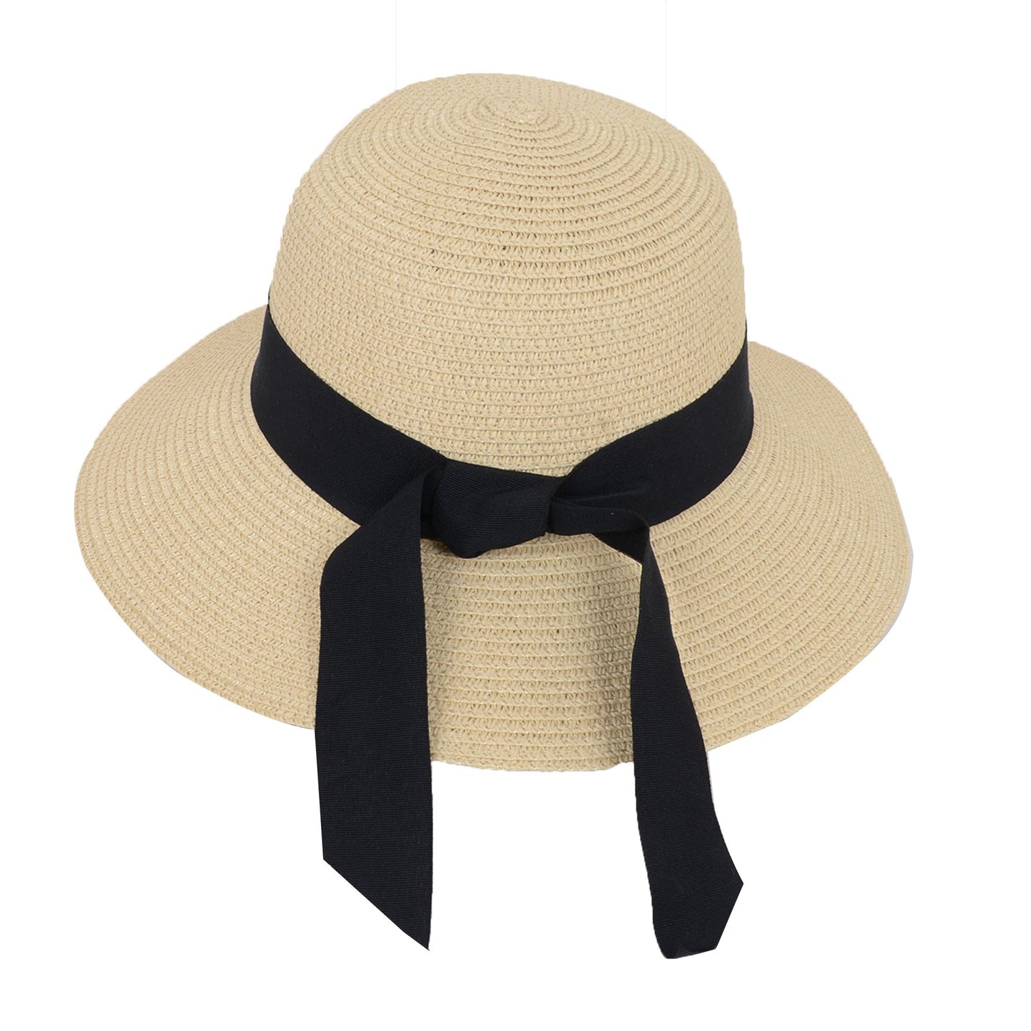 Wide Brim Straw Sun Hat with Black Ribbon Bow Adjustable Chin Strap Inner Sweatband for Outdoor and Travel Use