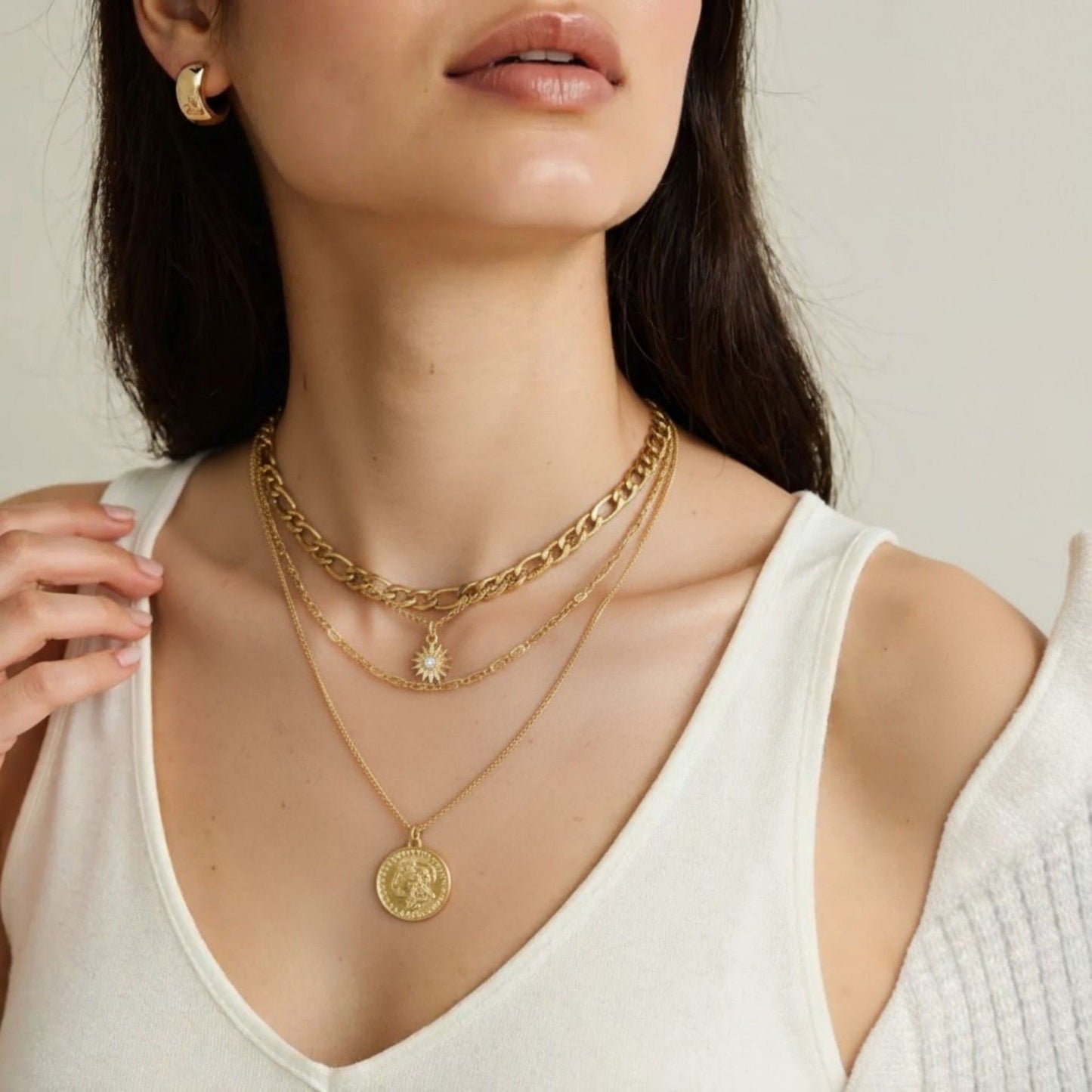 Women's Multi-Layer Chain Necklace with Coin and Crystal Pendants 14.5+2in