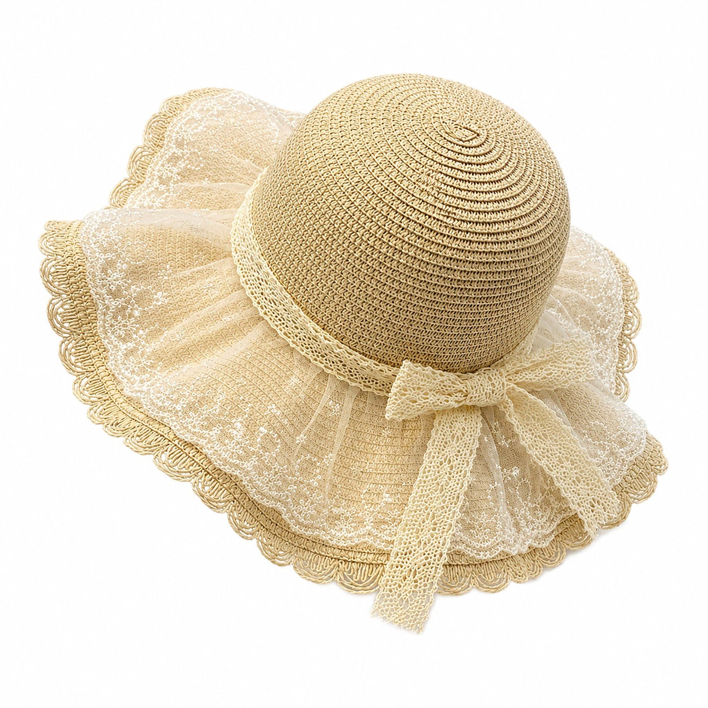 Wide Brim Straw Sun Hat with Sheer Lace Overlay Bow Accent and Scalloped Edge