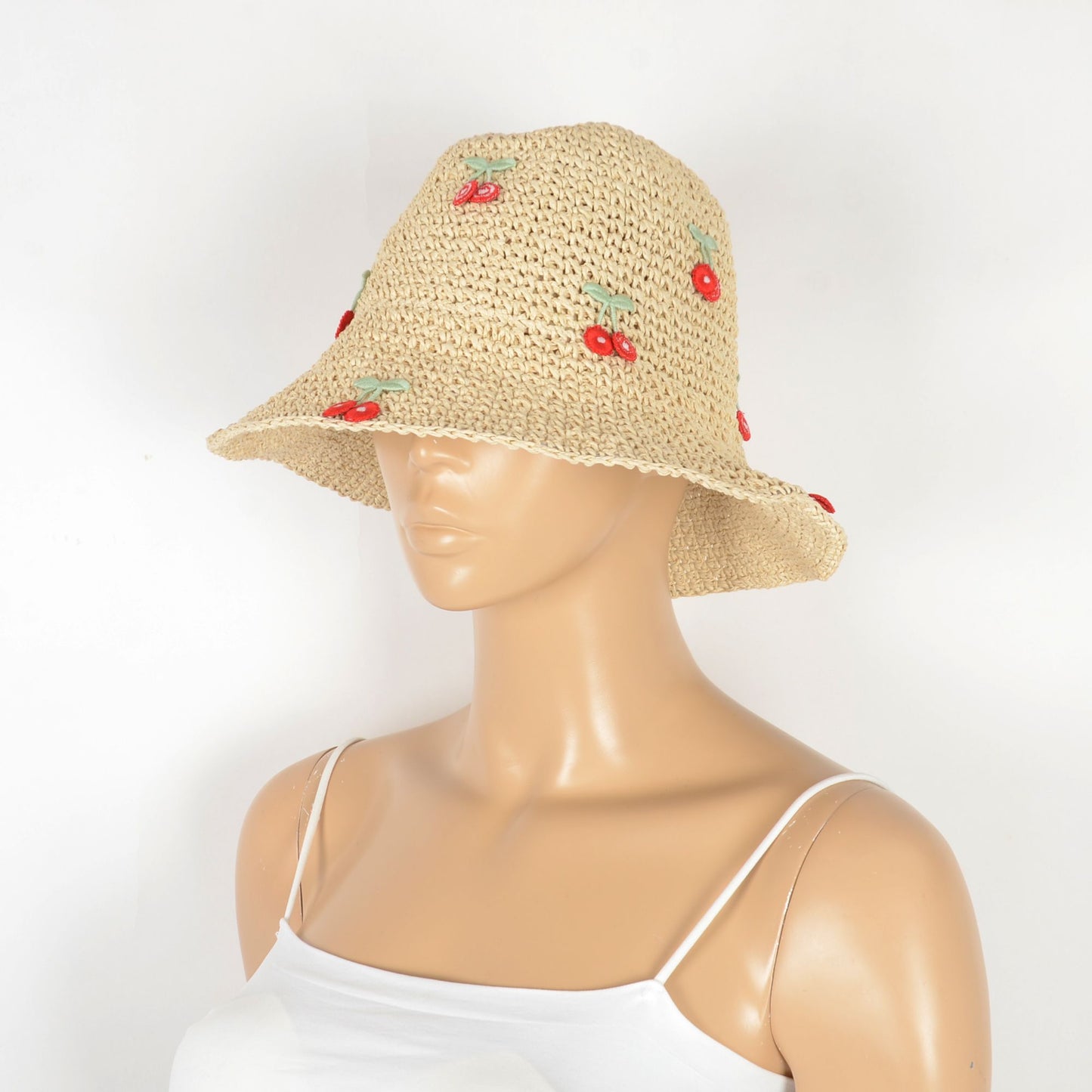 Straw Bucket Hat with Cherry Embellishments