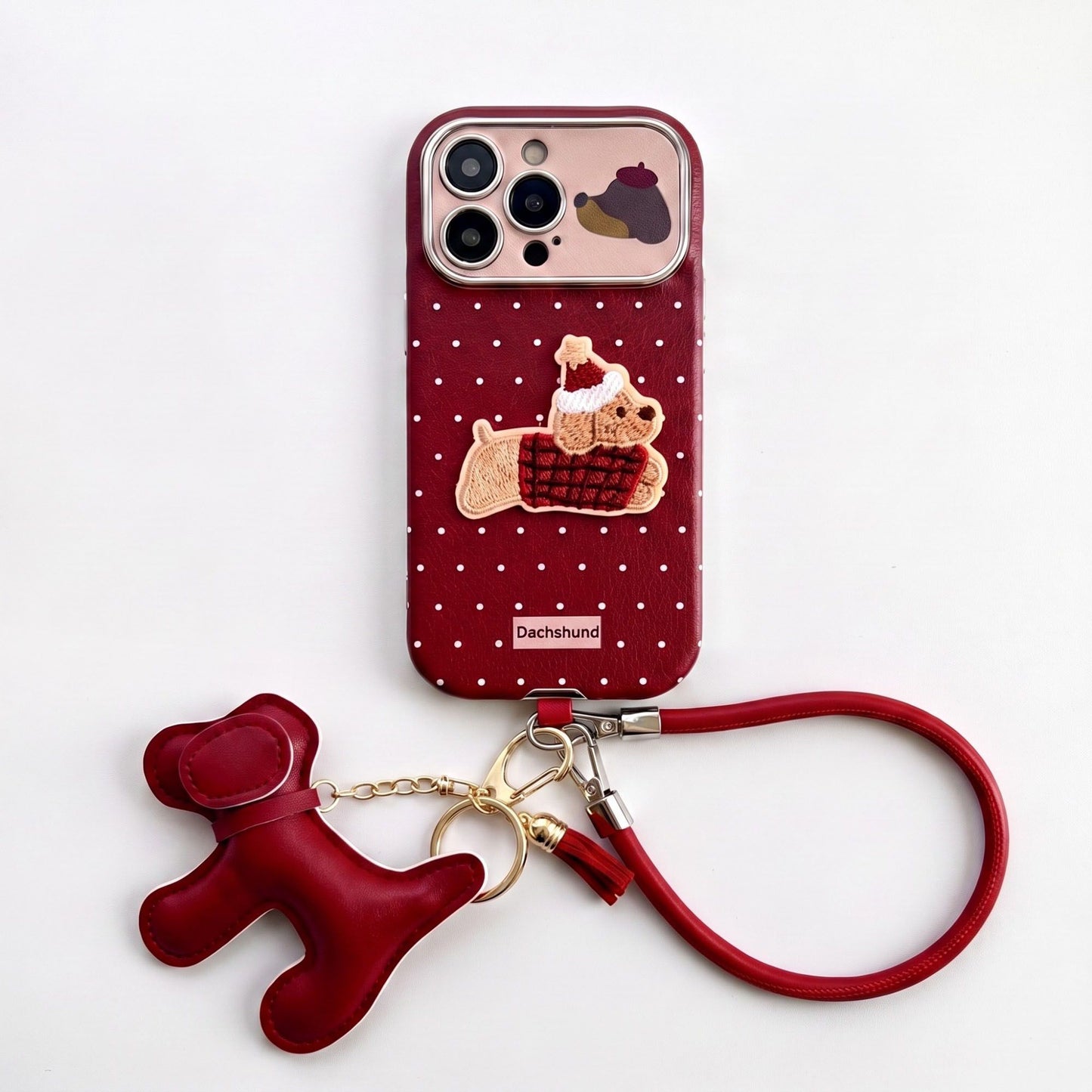 Dachshund Phone Case Wristlet Set Dog Charm Tassel Polka Dot Decorative Cover