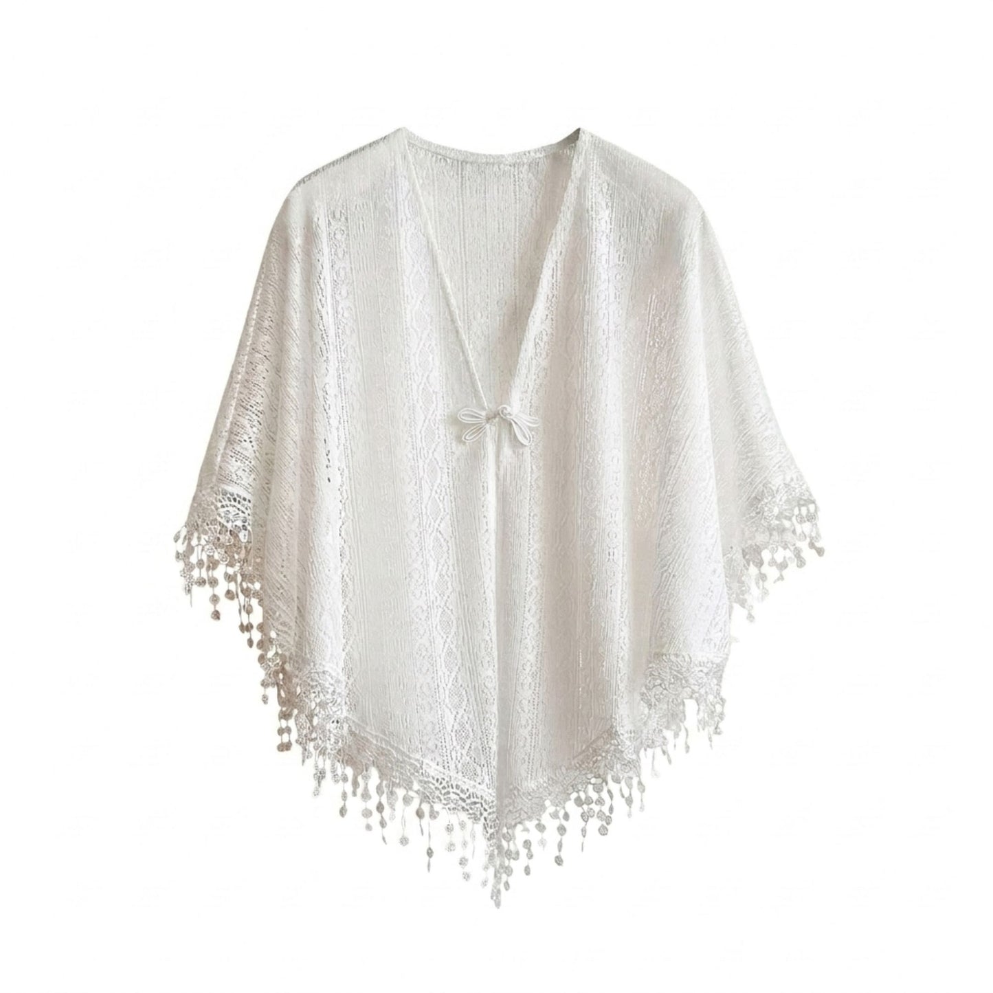 Lace Poncho Cover Up with Fringe Trim and Front Tie