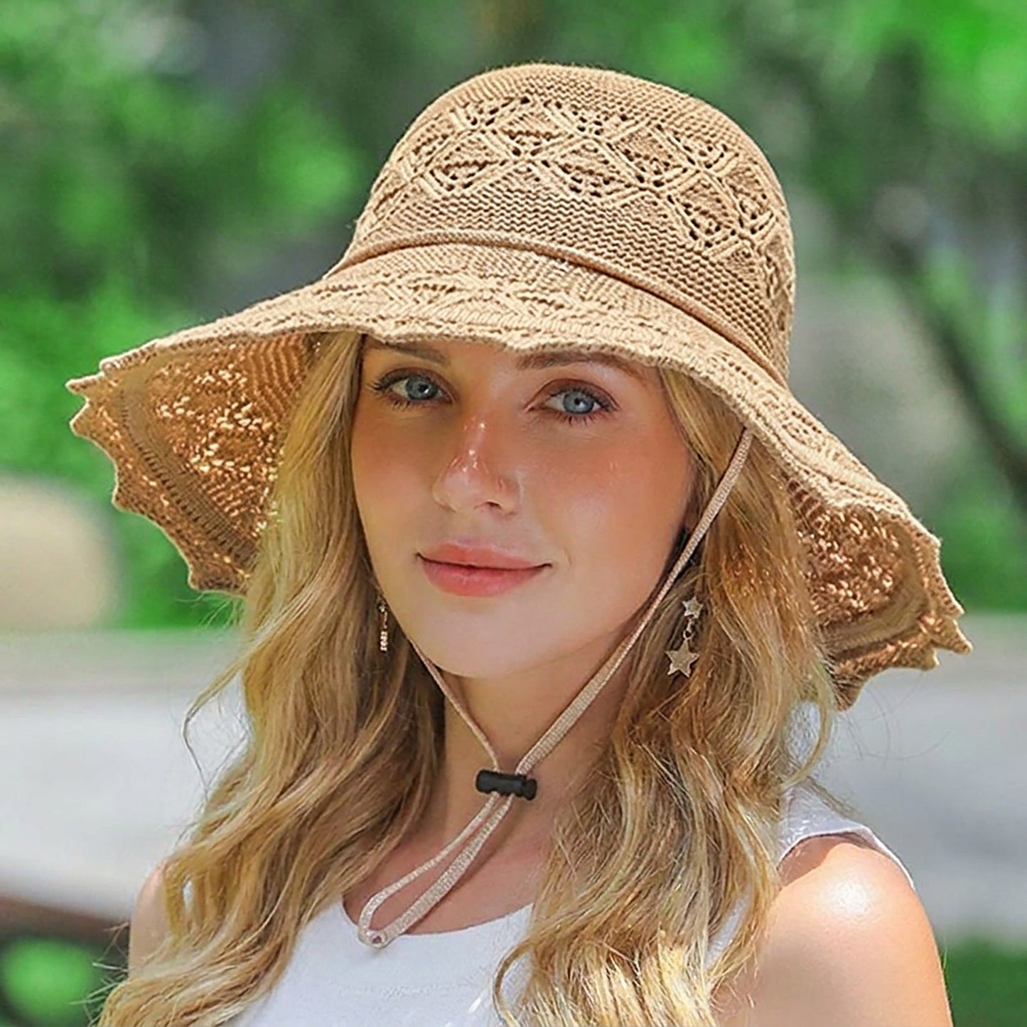 Crochet Wide Brim Sun Hat with Scalloped Edge Floral Accent and Chin Strap