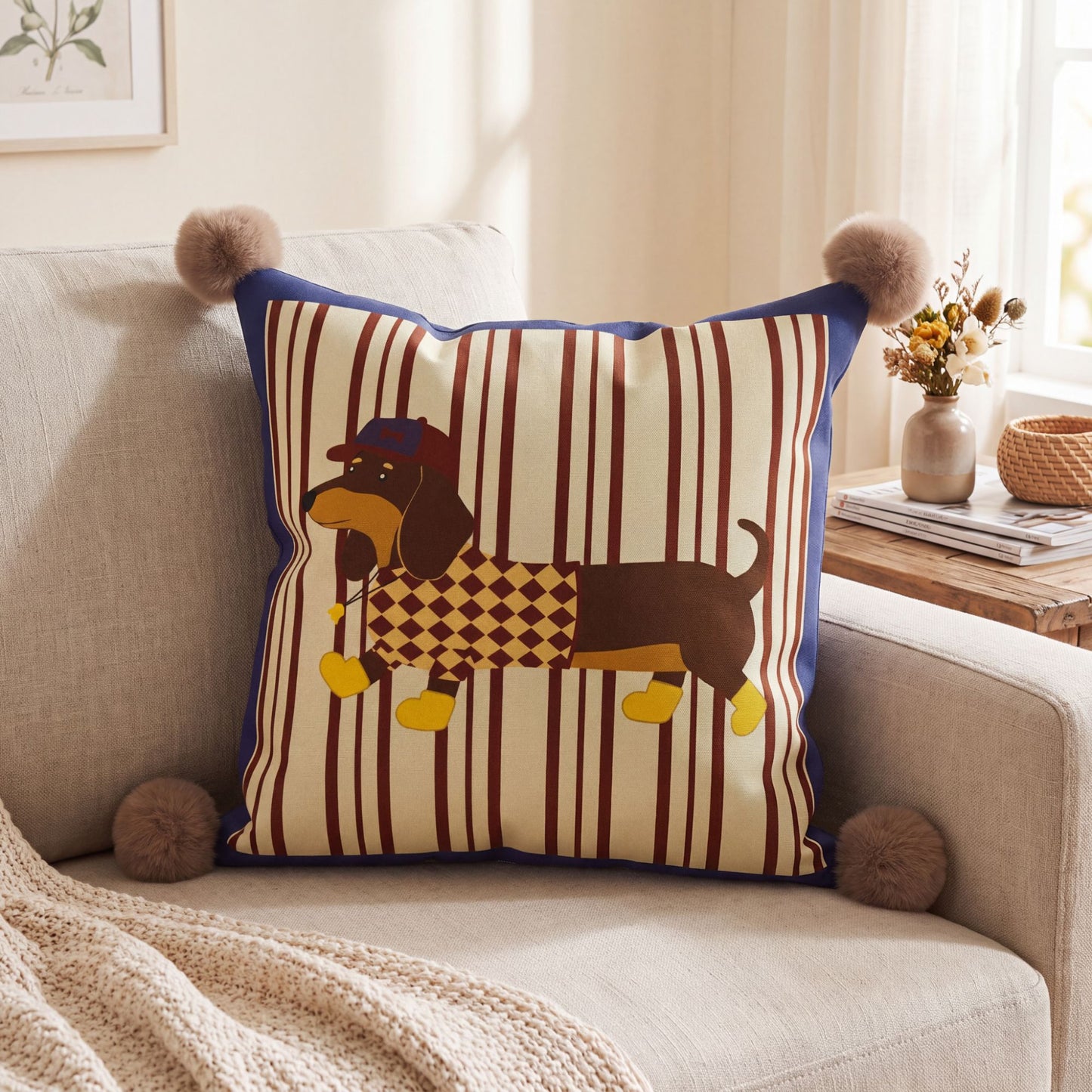 Dachshund Dog Print Decorative Throw Pillow Cover with Pom Pom Corners and Hidden Zipper