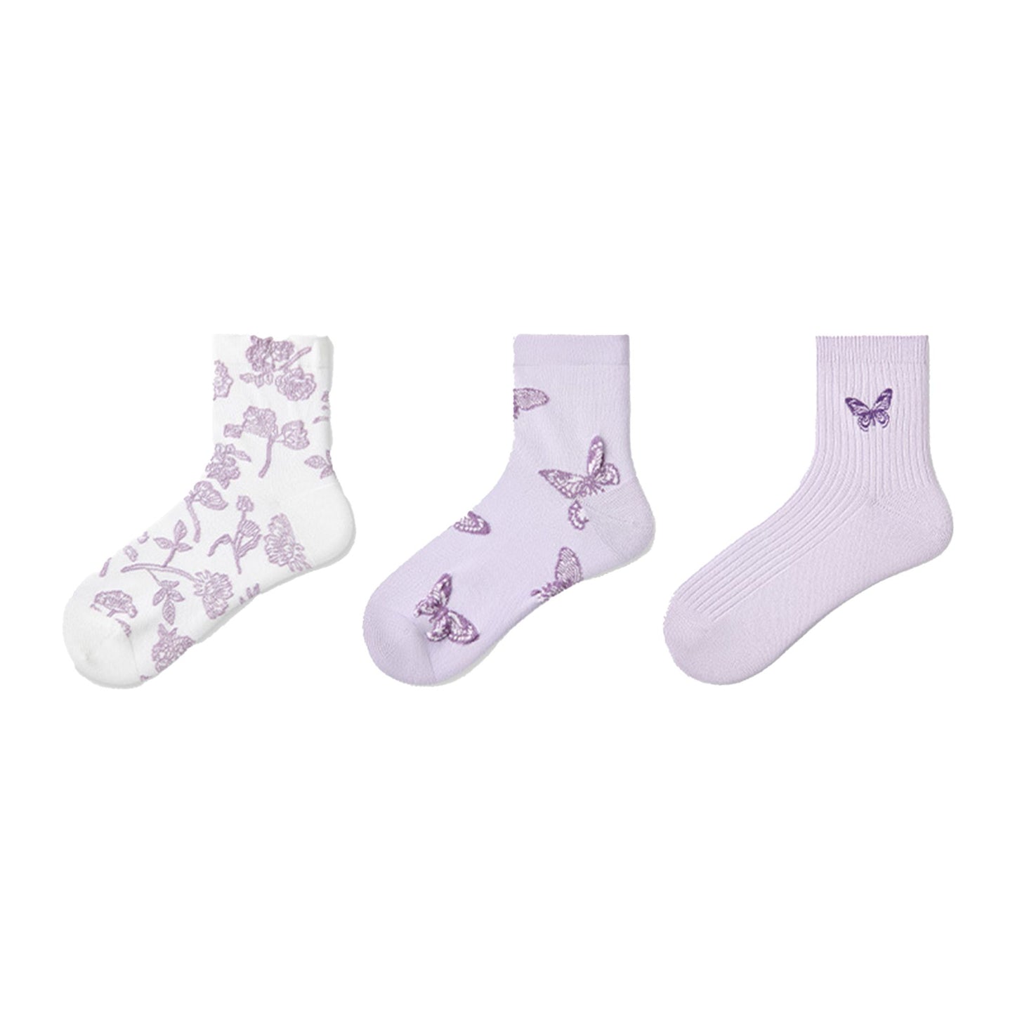 Renaissance Women 3-Pair Ankle Socks Set Assorted Patterns Featuring Colorblock, Cartoon Characters, and Butterfly Prints