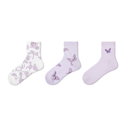 Renaissance Women 3-Pair Ankle Socks Set Assorted Patterns Featuring Colorblock, Cartoon Characters, and Butterfly Prints